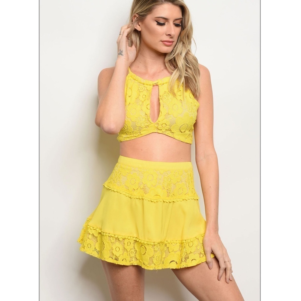 Womens Yellow 2-Piece Skirt and Open Back Crop Top Set Lace Summer Outfit NWT